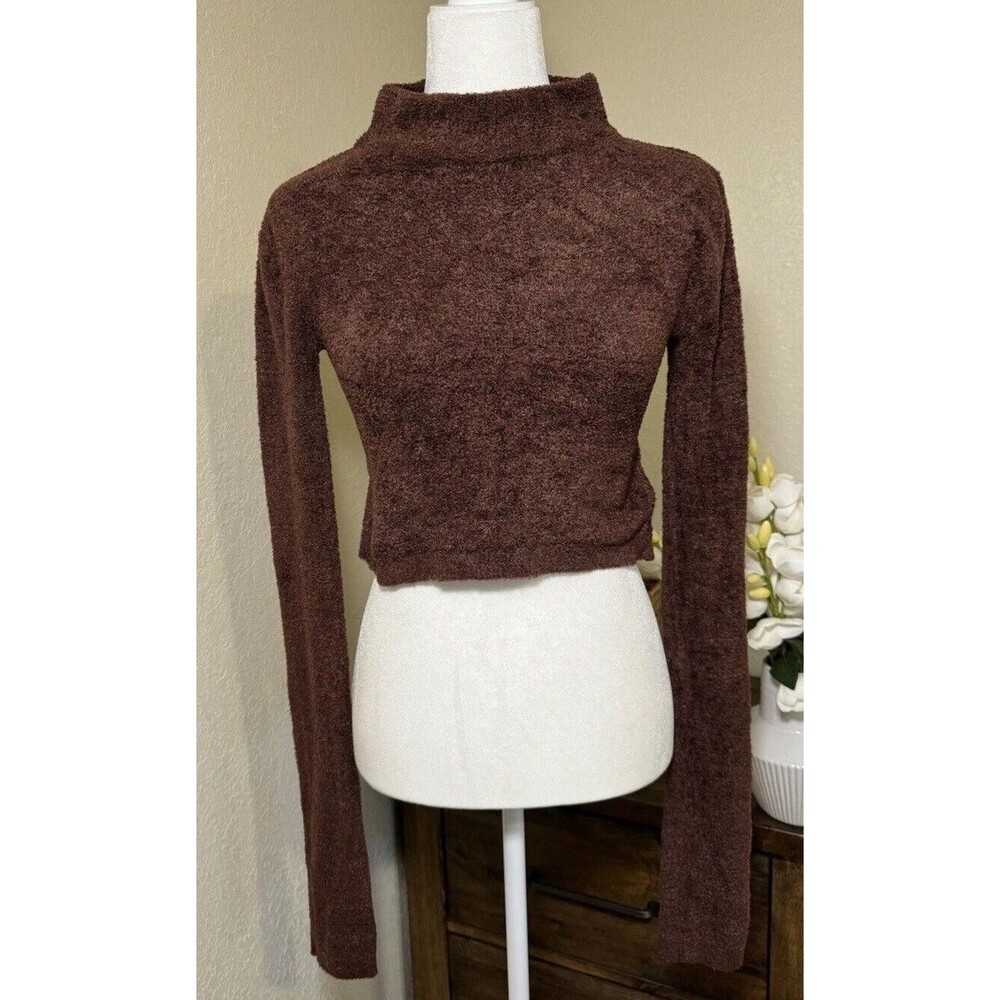 Double Zero Brown Fuzzy Mock Neck Cropped Sweater Women’s Size L Soft Knit NWT